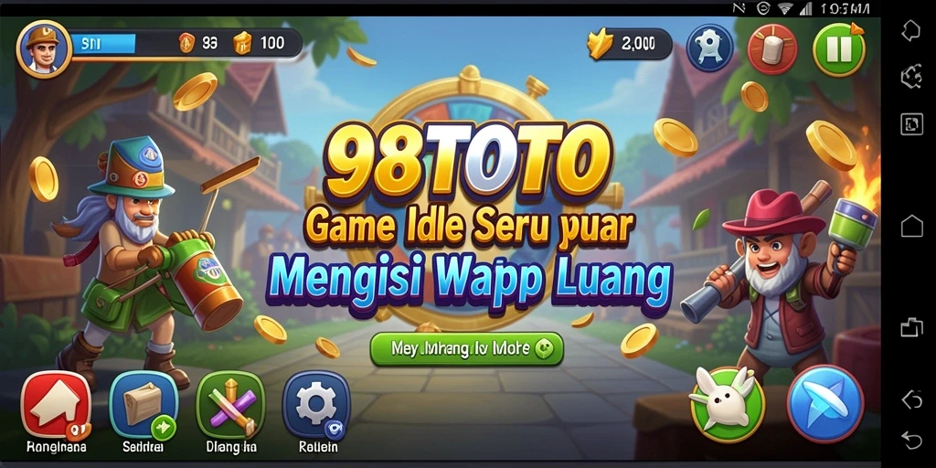 Screenshot gameplay <strong>98TOTO</strong> menampilkan karakter yang aktif mengumpulkan sumber daya secara otomatis.