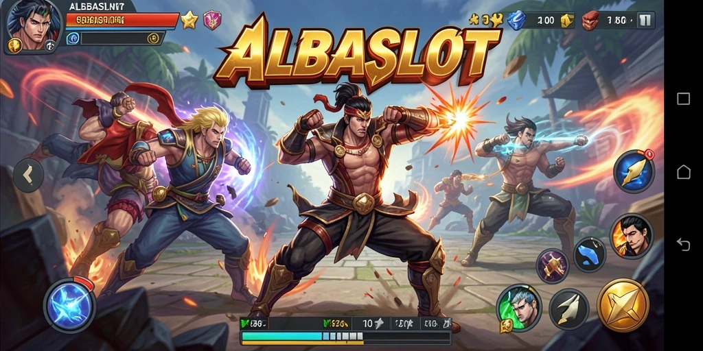 Screenshot gameplay ALBASLOT menampilkan aksi pertarungan yang intens.