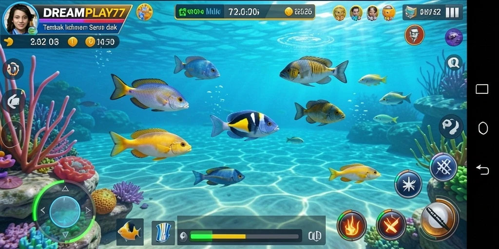 Screenshot permainan DREAMPLAY77 menampilkan aksi Tembak Ikan yang seru.
