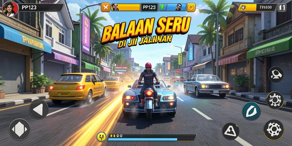 Tampilan gameplay balapan seru di PP123 dengan mobil yang melaju kencang.