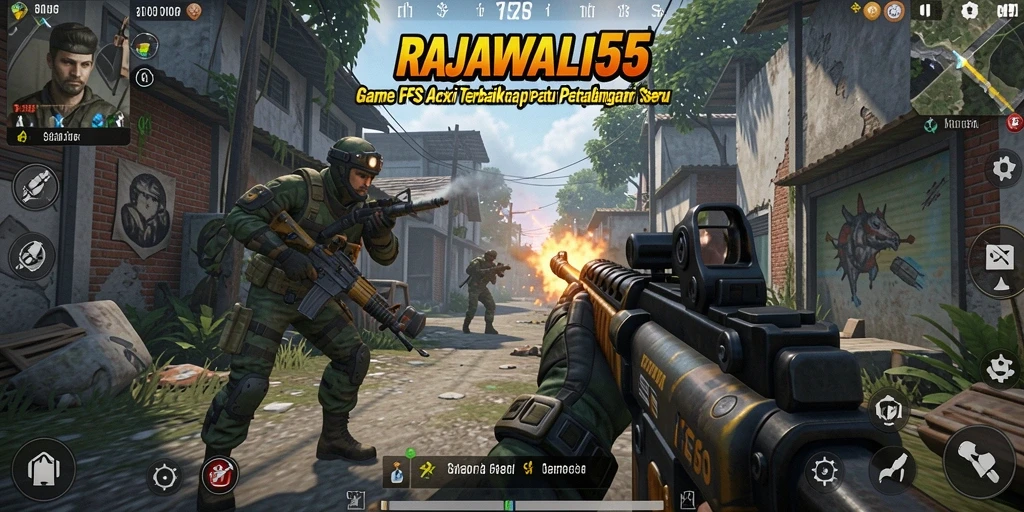 Screenshot utama RAJAWALI55 menampilkan aksi tembak-menembak seru dalam game FPS.