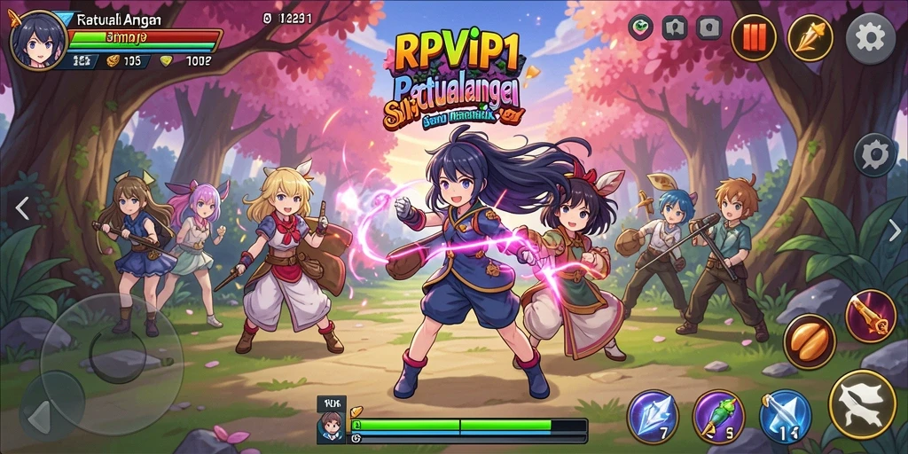 Screenshot gameplay RPVIP1 memperlihatkan karakter anime yang beraksi.