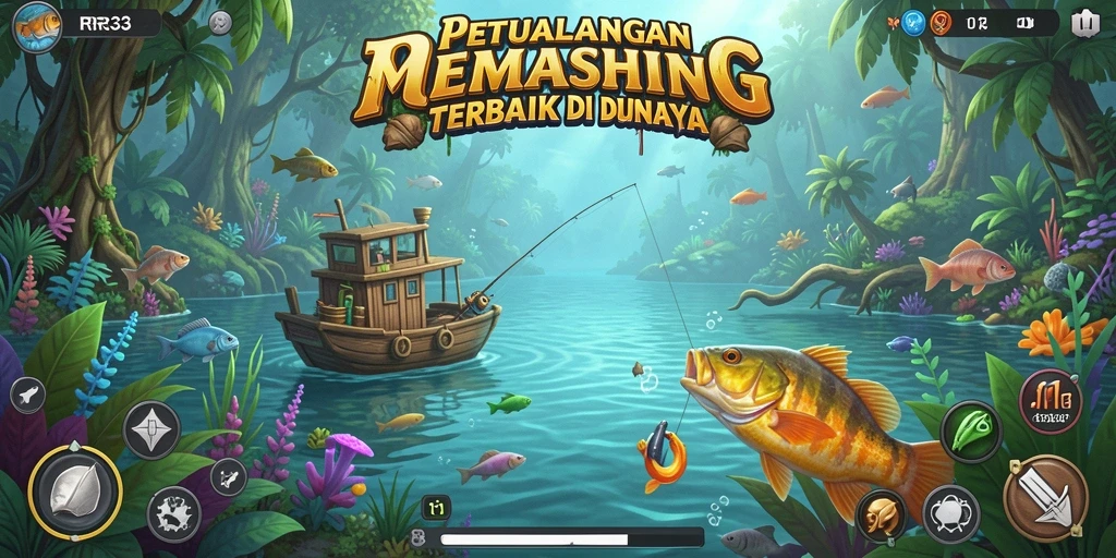 Screenshot utama RR33 menunjukkan pemain menangkap ikan besar di laut.