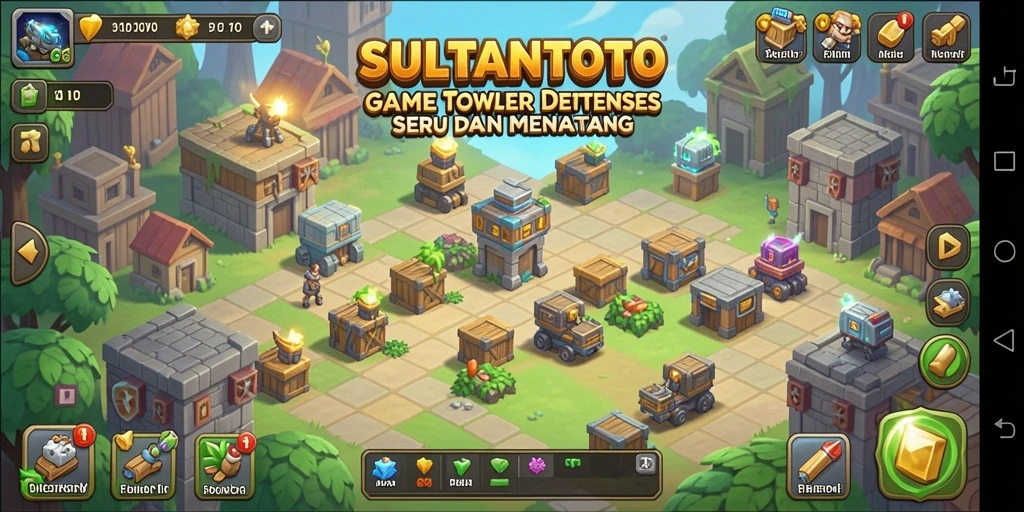 Tampilan gameplay menegangkan dalam SULTANTOTO dengan menara dan musuh.